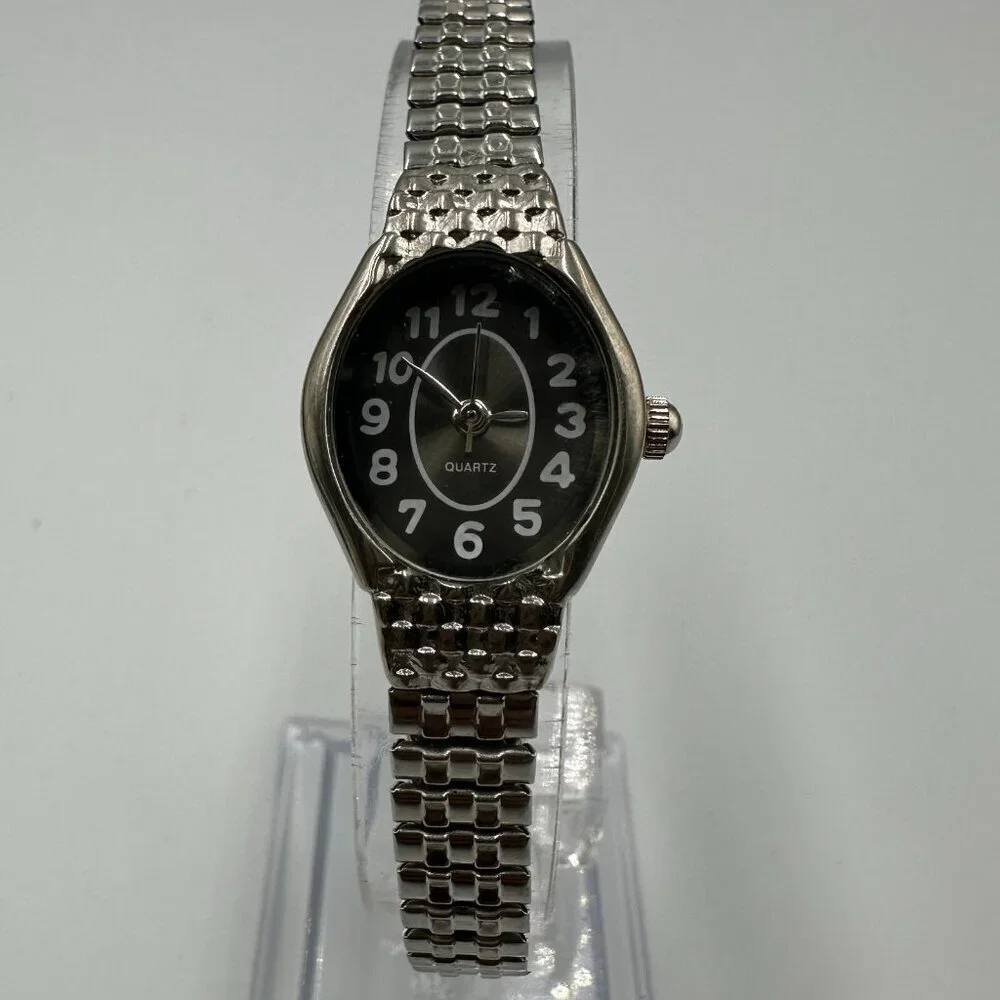 3/$30 Oval Dial Watch Women Black Face Silver Stretch Band New Battery 6.25